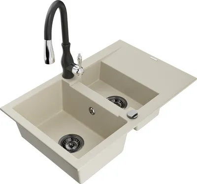 Produktbild von Mexen Gaspar 1,5-Becken-Granitspüle mit Abtropffläche und Mischbatterie Savita, Beige - 6507-69-672601-70