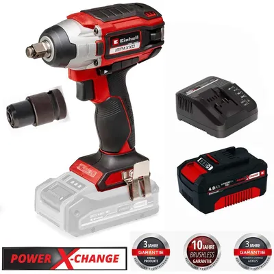 A collage of an Einhell cordless impact wrench, its battery, charger, and some accessory, along with marketing badges.