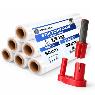 Produktbild von Freiziel® 6 x Stretchfolie 50cm 1,5kg 23my transparent + Abroller