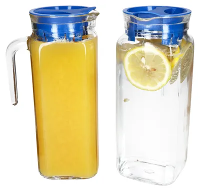 Produktbild von 2x KARO Kühlschrankkrug mit Deckel blau 1L Henkel Glas-Karaffe Kanne Saft Wasser