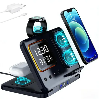 Produktbild von Ladegerät,Multi-funktionales 5-in-1 Wireless Charger, Digitaler Wecker mit 15W Schnellladung für Apple Watch