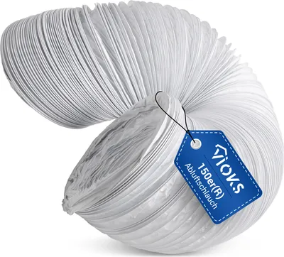 A white flexible hose coiled on a white background with a blue tag attached.