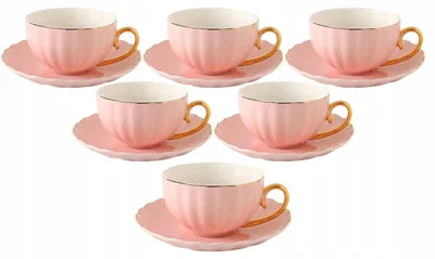 Zdjęcie produktu dla Porcelanowa filiżanka 6szt różowa 220 ml złoty brzeg elegancja do kawy