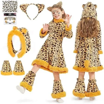 Produktbild von Famanu Kinderkostüm Leopard - Tierkleid mit Leopardenohren - Hut und Schwanz - Katzenkostüm für Mädchen - Karneval-Cosplay-Halloween