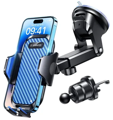 Immagine prodotto di Supporto per telefono da auto 4in1: ventosa, gancio per bocchetta d'aria, braccio girevole a 360°, adatto per cruscotto o parabrezza, compatibile con iPhone e Samsung, colore blu
