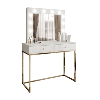 Produktbild von Schminktisch BLANCO GLAMOUR mit Spiegel und Beleuchtung weiß Hochglanz mit Griffen