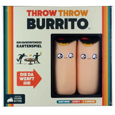 The image shows the packaging of the board game 'Throw Throw Burrito'. The packaging features colorful stripes on the left and a clear window displaying two plush burrito toys. Text and illustrations on the packaging describe the game.