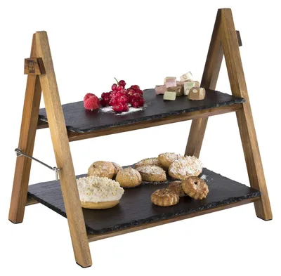 2-stufige Servieretagere aus Akazienholz und Schiefer, klappbar