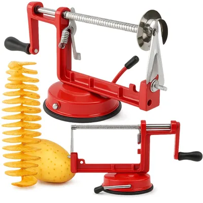 Produktbild von Chips Maschine Kartoffel Spiral Schneider Gemuese Spiralschneider Handkurbel Saugfuss Pommes am Stiel Kuechenhelfer rot