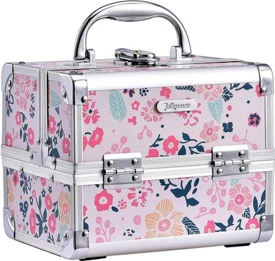 Immagine prodotto di Valigetta da viaggio per cosmetici Unyqoos® con specchio e 2 scomparti a ribalta – design con fiori rosa, con chiusura a chiave, struttura in alluminio rinforzato, dimensioni 19,5 x 15 x 16 cm