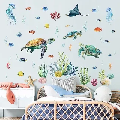 Productafbeelding van PromoHome® Onderwaterwereld Zeeschildpad Wandstickerset - Ocean thema decoratie met vissen en zeewier voor babykamers
