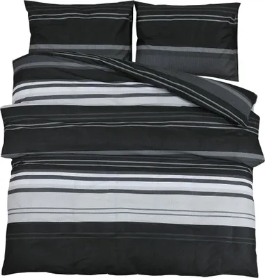 A neatly folded bedding set with a striped pattern.