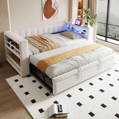 Image de Lit rembourré 90/180 × 190 cm, avec éclairage LED, prises électriques et nombreux rangements ; lit rembourré, canapé-lit multifonctionnel, lit simple, beige