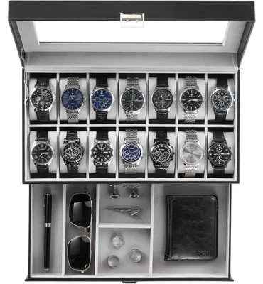 Produktbild von Uhrenbox mit 14 Fächern, 2 Ebenen, Glasdeckel, Schwarz
