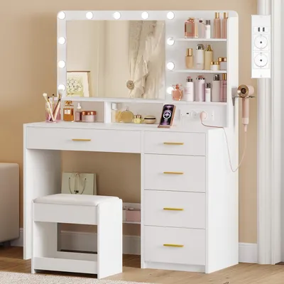 Image de Table de maquillage avec éclairage LED et tabouret, blanche, 40 x 108 x 139 cm