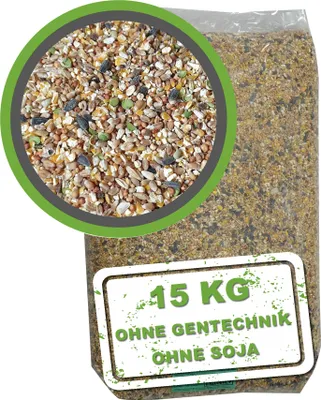 A bag of birdseed with a close-up inset showing the mixture of seeds.