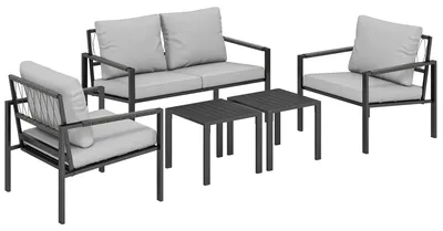 Produktbild von Gartenmöbel Set 4 Personen wetterfest Balkonmöbel-Set mit 2er Sofa, Sessel Sitzkissen Beistelltisch Hellgrau
