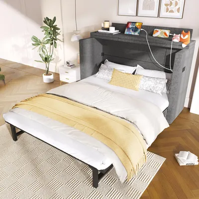 Produktbild von Flieks Schrankbett 140x200cm mit USB- und Typ-C-Anschlüssen, Doppelbett Jugendbett mit Schublade, Funktionsbett Daybed Leinen, Grau