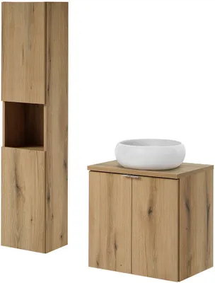 Produktbild von Badmöbel Set ‘Skelbolu’ 2-tlg. Waschtisch 60 x 57 x 39 cm inkl. Waschbecken mit Hochschrank Eicheoptik