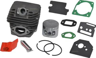 A collection of chainsaw engine parts, including a cylinder, piston, rings, and gaskets, laid out on a white background.