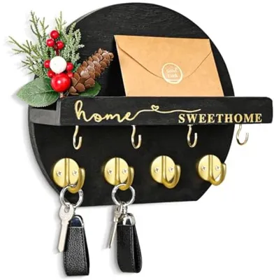 Produktbild von PromoHome® Schlüsselhalter mit Trockenblumen, Wandmontage rundes Schlüsselbrett mit Ablage und Holzaufhänger für Eingang, Flur, Küche, Büro