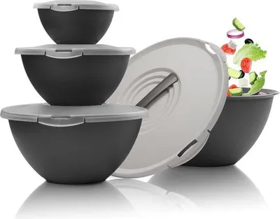 Produktbild von Kunststoff-Salatschüssel-Set, groß, 8-teilig, BPA-frei, grau