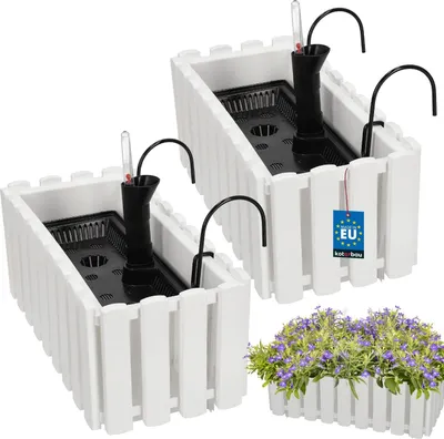 Produktbild von KOTARBAU® 2er Set Blumenkasten Balkon Blumentopf Selbstbewässernd 38x18x16cm Weiß Kunststoff Blumentopf Balkongeländer Bewässerungssystem Blumenkastenhalterung Pflanzkübel Groß Außen