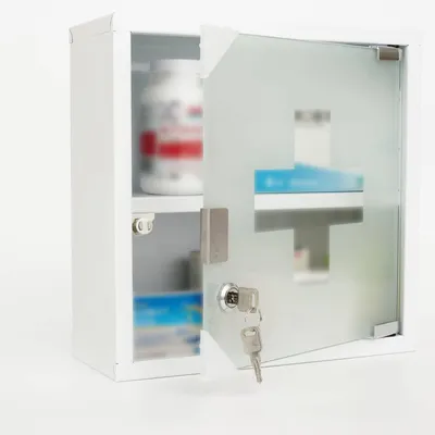 Produktbild von Theo&Cleo Medizinschrank aus Edelstahl,abschließbarer Arzneischrank Erste-Hilfe-Schrank Hausapotheke 2 Fächer mit Glas Tür 33 x 30 x 12 cm (Weiß - 2 Fächer)