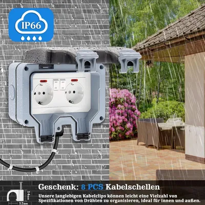 Produktbild von Außensteckdose Wasserdicht IP66 2-Fach mit Schalter & Kontrollleuchte