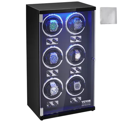 Obrázek produktu pro Automatický natahovač hodinek VEVOR, automatický natahovač hodinek, natahovač hodinek pro automatické hodinky, automatický natahovač hodinek s prostorem pro 6 hodinek, LED osvětlení, nastavitelná délka řemínku 150-207 mm