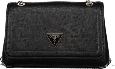 A black Guess crossbody bag with a silver logo.