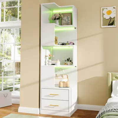Produktbild von MODFU Eckregal 165×45×45 cm Bücherregalmit 4 Ebenen und LED-Beleuchtung, Eckschrank mit 2 Schubladen,Standregal,Weiß