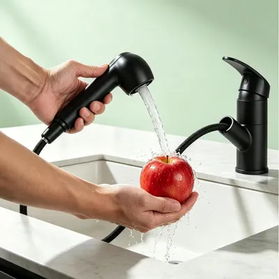 Image de Robinet de cuisine noir, extractible, avec 2 types de jets, rotatif à 360°, en acier inoxydable
