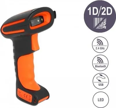 Produktbild von DeLOCK Industrie Barcode Scanner 1D und 2D für 2,4 GHz, Bluetooth oder USB, Tragbares Barcodelesegerät, 1D/2D, CMOS, Codabar, Code 128, Code 39, EAN-13, EAN-8, ISBN, Industrial 2 of 5, Datenmatrix, Micro QR Code, MicroPDF417, PDF417, QR Code, 1280 x 800 Pixel