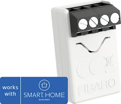 A white smart home device with black connectors and a blue overlay.