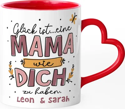 Produktbild von Kaffee-Tasse Glück ist eine Mama wie dich zu haben personalisiert Kinder Namen Geschenk Herzhenkel Muttertag SpecialMe® rosa weiss-herz-innen-rot Herz-Tasse