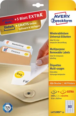 Image de Avery Zweckform L4732REV-25 Étiquettes universelles, 35,6 x 16,9 mm, 25 feuilles/2 000 étiquettes, blanc