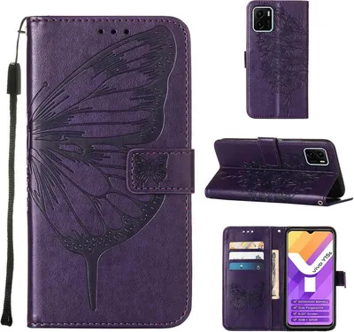 Produktbild von VIVO Y15S 2021 Hülle, Schmetterling Prägung Flip Leder Kartenfächer Schutzhülle Ledertasche mit Ständer für VIVO Y15S 2021 / Y15A Lila