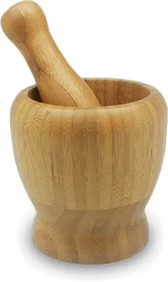 Produktbild von Mörser und Stößel aus Bambus [ Ø 10 cm Höhe 10 cm ] Gewürzmörser/ Kräutermörser / Holzmörser / Cocktailmörser