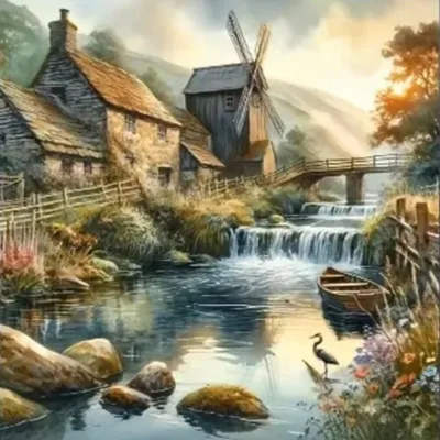 Obrázok produktu pre Obraz podľa čísel, "Mlyn pri rieke", 40x50 cm, umiestnený na ráme, kreatívna výtvarná súprava