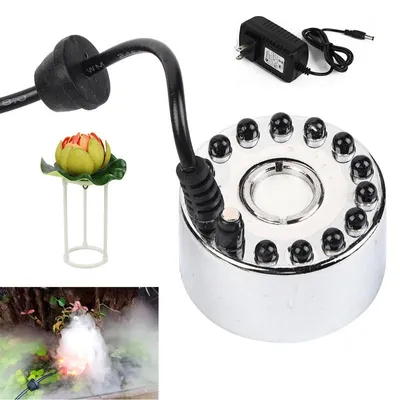 Produktbild von Ultraschall Nebelmacher mit LED & Trafo, Luftbefeuchter Zerstäuber für Teich Aquarium Brunnen, Edelstahl Nebler mit Lotus Deko