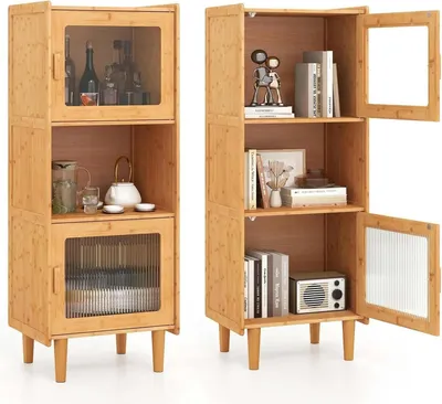 Produktbild von Bambusschrank - Küchenschrank - 2 Acrylglastüren - Offenes Fach - Maße 49,5 x 40 x 130 cm - Für Küche & Wohnzimmer - Natur
