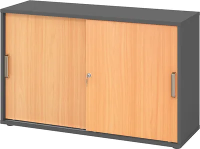 Produktbild von bümö Schiebetürenschrank office - 2 Ordnerhöhen - Griff: Streifengriff (Kunststoff), Nachbildung: Graphit/Buche