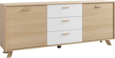 Produktbild von byLIVING Sideboard BASTIAN / Eiche bianco, weiß / Griffe und Füße Massivholz Eiche / 3 Schubkästen und 2 Türen / viel Stauraum / Kommode / Anrichte / Maße: B 180, H 72,5, T 36,5 cm