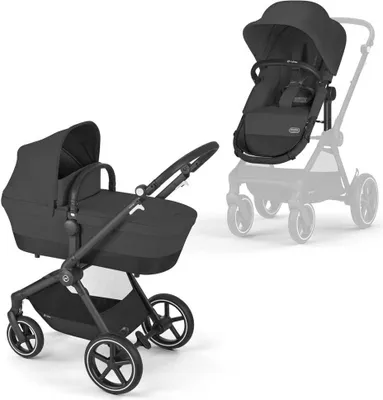 A black Cybex Eos Lux stroller with a bassinet is shown from the side, with a separate stroller seat unit shown in the background.