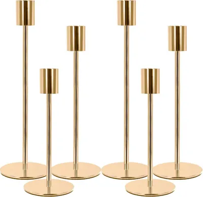 Immagine prodotto di Candele e portacandele: set da 6, portacandele in metallo dorato, portacandele alti, eleganti candele decorative in stile vintage