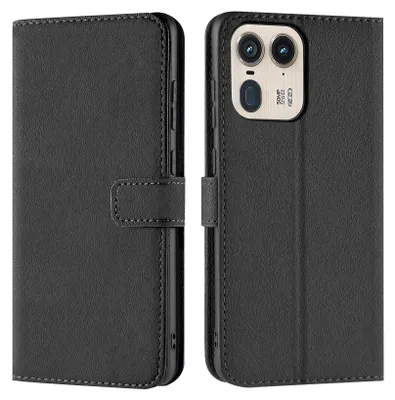 A black flip case for a smartphone is shown from the front and back.