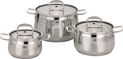 Three stainless steel pots with lids are arranged on a white background.