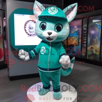 Produktbild von Maskottchen REDBROKOLY einer blaugrünen Katze mit Langarm-T-Shirt und Schlüsselanhängern