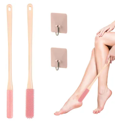 Productafbeelding van Set van 2 voetborstels, inclusief een teenborstel voor onder de douche, een reinigingsborstel, een peelingborstel tegen jeuk, een teenborstel met een lange handgreep, en een voetborstel geschikt voor senioren, in de kleur roze, 41 cm (met 2 haken)